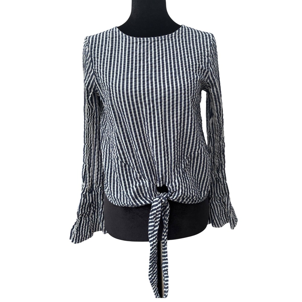 HM Navy Blue White Striped Seersucker Tie Front Bell Sleeve Top Size 4
